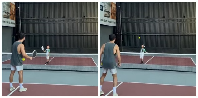 Khoảnh khắc gia đình hồ ngọc hà trên sân Ảnh chụp gia đình đánh pickleball