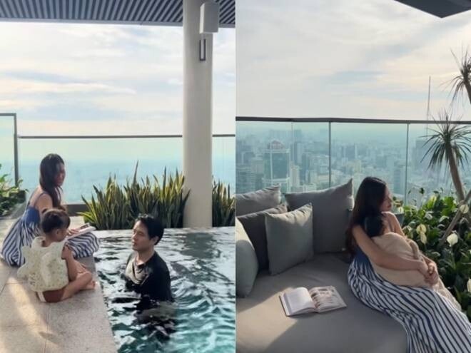 Gia đình vui chơi hồ bơi trên cao