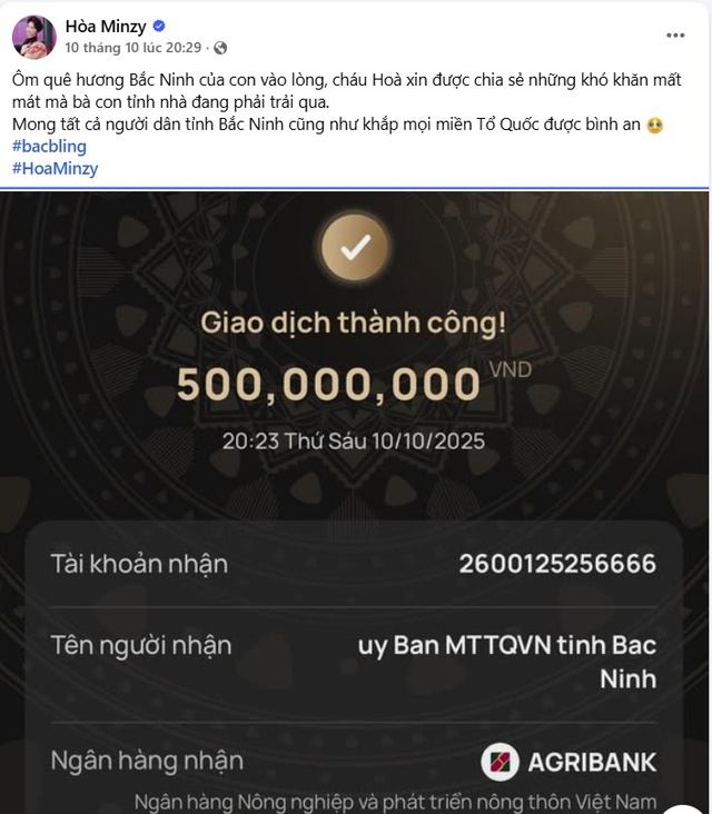 Hòa Minzy thực hiện chuyển khoản hỗ trợ thiên tai