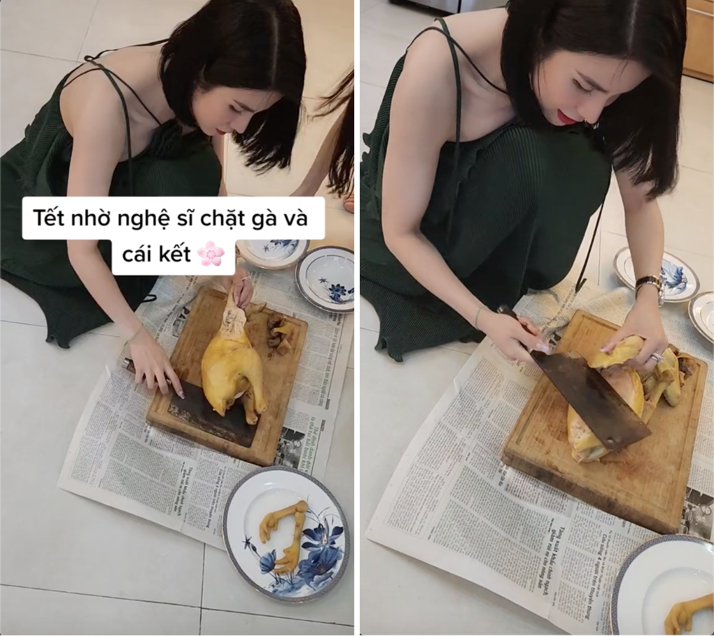 Diệp Lâm Anh làm được điều mà nhiều người không thể- Ảnh 1. Diệp Lâm Anh trong bếp chặt gà chuyên nghiệp