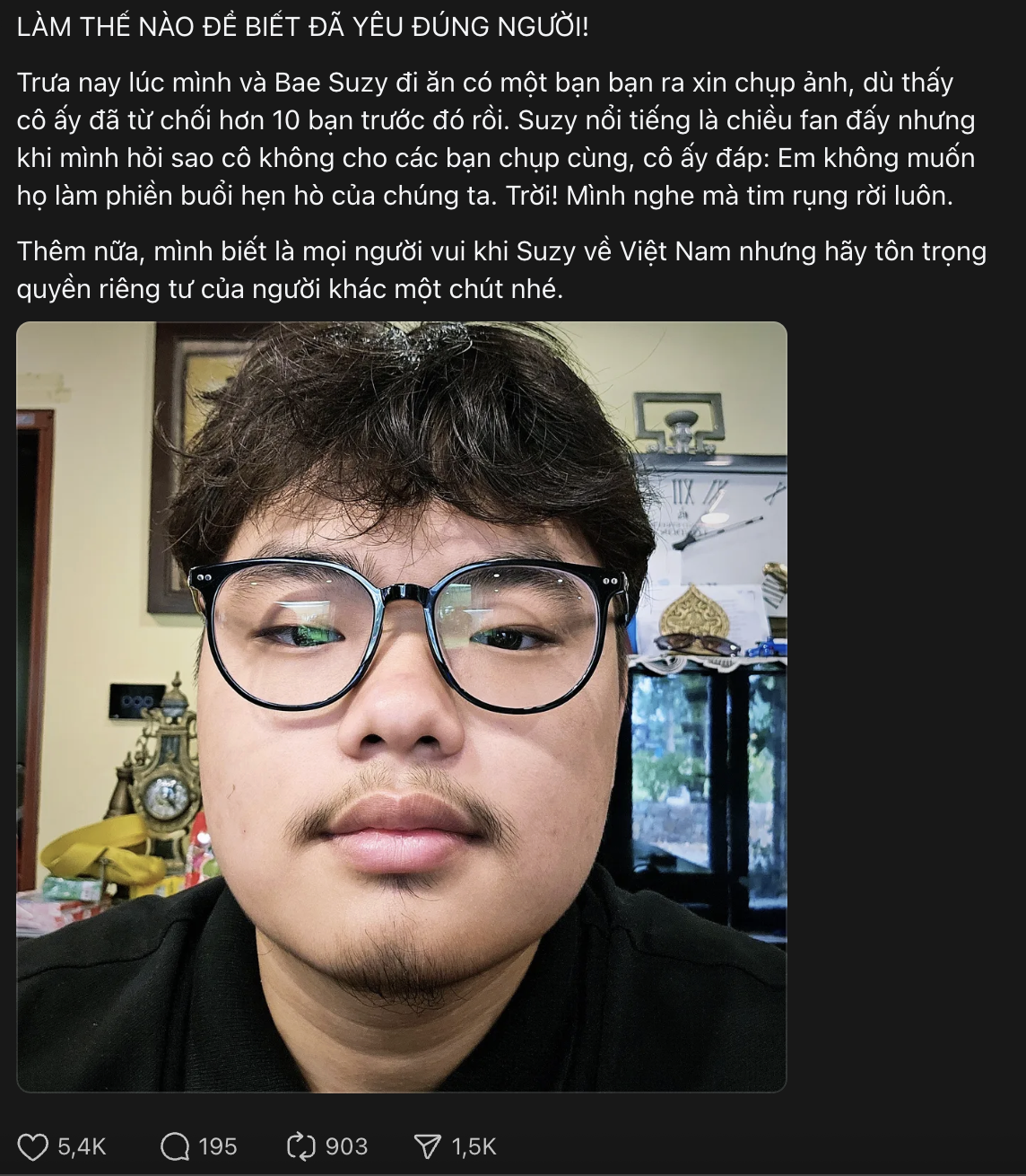 Con trai NSND Xuân Bắc đi ăn trưa cùng Suzy?- Ảnh 2. Bi béo gây sốt với dòng trạng thái chuẩn fan boy đỉnh cao